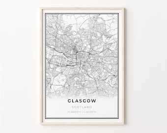 Stampa di Glasgow, City Map Art Poster, Scozia Regno Unito Regno Unito, Wall Art Decor, Stile moderno in bianco e nero, Gifr For A Doctor, C13-770