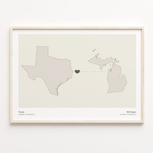 Texas to Michigan Print, Michigander Gift, Minimalistic State Connection Map Poster, Travel Wall Art, Volunteer Map, C21-1269