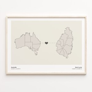 Australia to Saint Lucia Print, Rwandan Gift, Minimalistic Country Connection Map Poster, Travel Wall Art, Relationship, C21-949