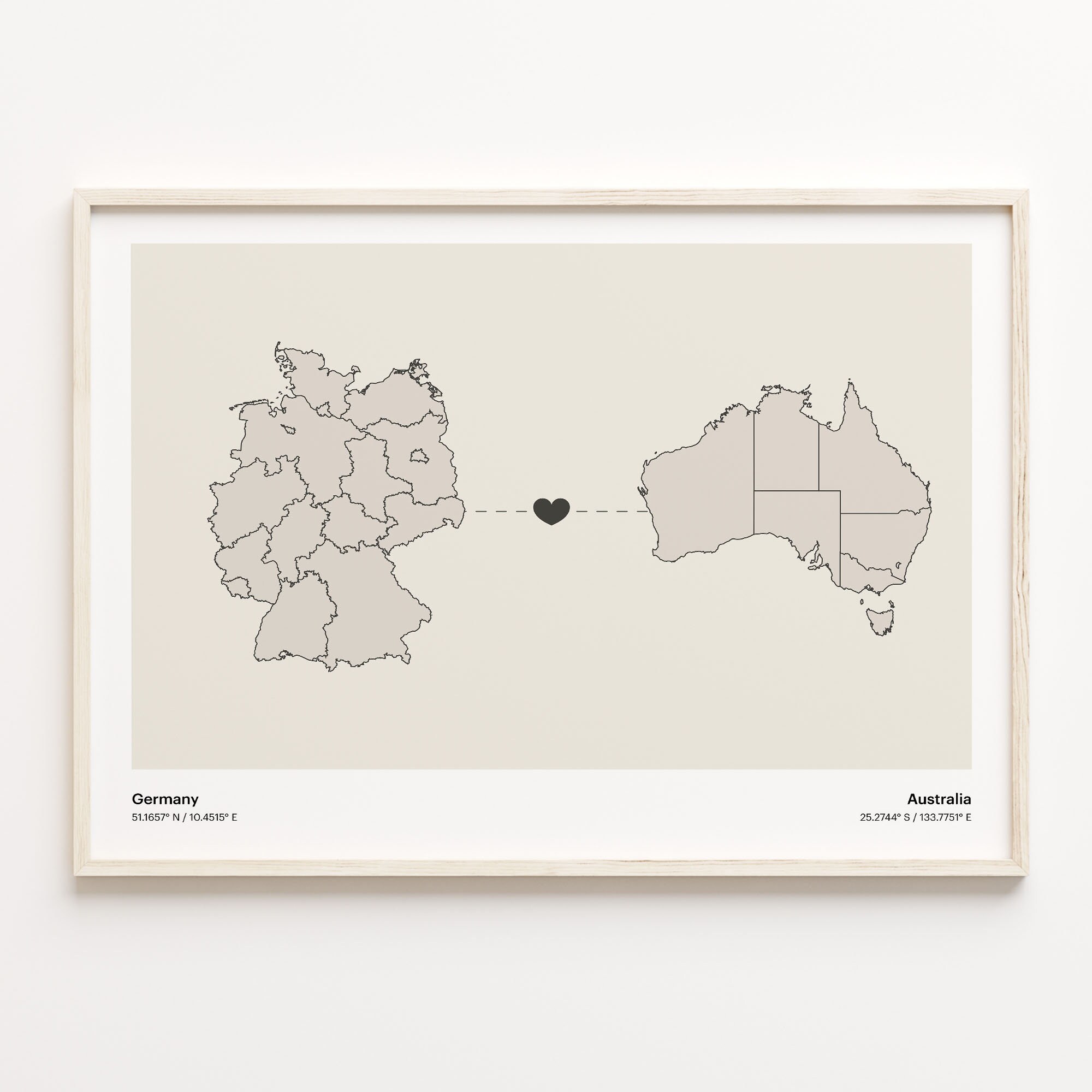 Germany to Australia Print, Australian Gift, Minimalistic Country Connection Map Poster, Travel Wall Art, Moving Away Gift, C21-407