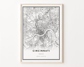Cincinnati Map Print: Modern Black and White City Art