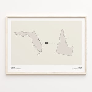 Florida naar Idaho Print, Idahoan Gift, minimalistische State Connection Map Poster, Travel Wall Art, Borderless Love, C21-1312