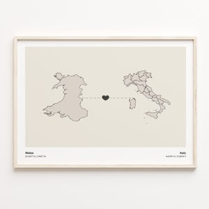 Wales to Italy Print, Italian Gift, Minimalistic Connection Map Poster, Travel Wall Art, Relationship Gift, C21-1742