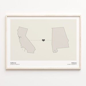 Californië naar Alabama print, Alabamian gift, minimalistische State Connection kaart poster, kunst aan de muur reizen, reizen naar het buitenland cadeau, C21-1196