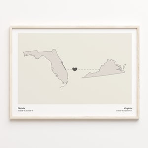Florida naar Virginia Print, Virginian Gift, Minimalistische State Connection Map Poster, Travel Wall Art, Relatie, C21-1345