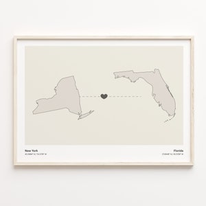 New York naar Florida Print, Florida Gift, Minimalistische State Connection Map Poster, Travel Wall Art, Live in het buitenland, C21-1360