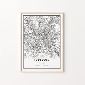 Impresión de Toulouse, cartel de arte del mapa de la ciudad, Francia, decoración de arte de la pared, estilo moderno en blanco y negro, regalo querido amigo, C13-747