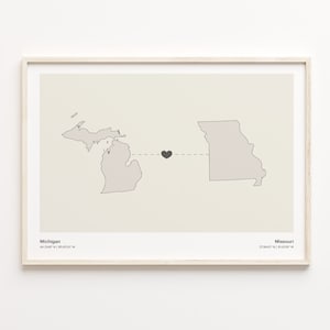Michigan to Missouri Print, Missourian Gift, Minimalistic State Connection Map Poster, Travel Wall Art, Long Distance, C21-1687