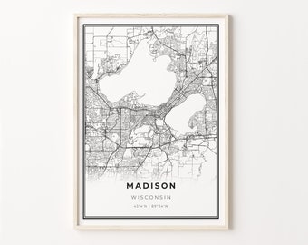 Madison Wisconsin Map Print: Modern Black and White City Art
