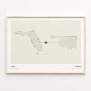 Florida naar Oklahoma Print, Oklahoman Gift, Minimalistische State Connection Map Poster, Travel Wall Art, New Country Map, C21-1335