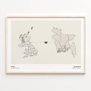 Britain to Bangladesh Print, Bangladesh Geschenk, Minimalistische Landkarte Poster, Großbritannien Kunst, bewegliche Überseekarte, C21-213
