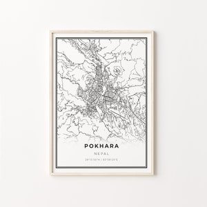 Impressão de Pokhara, pôster de arte de mapa da cidade, Nepal, decoração de arte de parede, estilo moderno preto e branco, ideias para presentes de escritório, C13-684