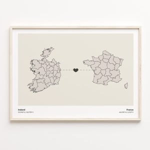 Irland Frankreich Druck, Minimalistische Landkarte Poster, Reisewandkunst, LDR Karte, C21-1056