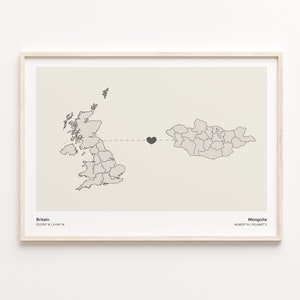 Britain to Mongolia Print, Mongolian Gift, Minimalistic Country Connection Map Poster, United Kingdom Art, Borderless Love, C21-322