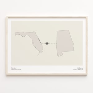 Florida nach Alabama Druck, Alabama Geschenk, Minimalistische Verbindung Karte Poster, Reise Wandkunst, Umzug nach Übersee, C21-1300