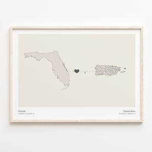 Florida to Puerto Rico Druck, puertoricanisches Geschenk, minimalistische Verbindung, US Bundesstaat Verbindungskarte, Reise Wandkunst, Reisekarte, C21-1338