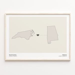 North Carolina to Alabama Print, Alabamian Gift, Minimalistic State Connection Map Poster, Travel Wall Art, Countries Heart, C21-1612