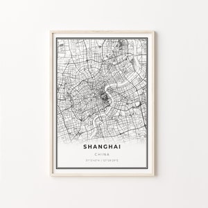 Impressão de Xangai, pôster de arte de mapa da cidade, China, decoração de arte de parede, estilo moderno preto e branco, presente de escritório, colega de trabalho, C13-919