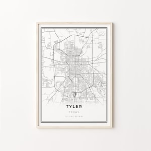 May include: Black and white line art map of Tyler, Texas. The map shows the city streets and includes the text "Tyler, Texas 32°21'N | 95°18'W".