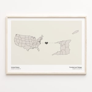 USA to Trinidad und Tobago Print, Trinidadisches Geschenk, Minimalistische Verbindungskarte Poster, USA Wandkunst, Digitale Nomaden Karte, C21-183