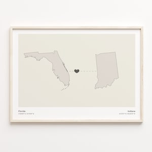 Florida Indiana Druck, Hoosier Geschenk, Minimalistische State Verbindung Karte Poster, Reise Wandkunst, randlose Liebeskarte, C21-1314