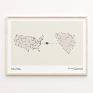 United States to Bosnia and Herzegovina Print, Bosnian Gift, Minimalistic Country Connection Map Poster, Wall Art, Global Love Gift, C21-23