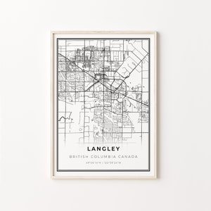 Langley Print, City Map Art Poster, British Columbia BC Canada, Wall Art Decor, Modern Black and White Style, Gift For Engagement, C13-506
