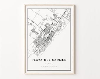 Playa del Carmen Map Print: Modern Black and White Mexico Wall Art