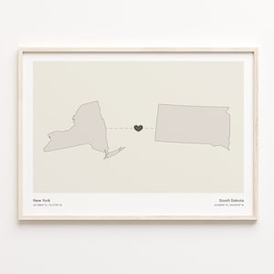 New York to South Dakota Print, Süddakota Geschenk, Minimalistische Verbindungskarte Poster, Reise Wandkunst, Auslandsreise, C21-1393