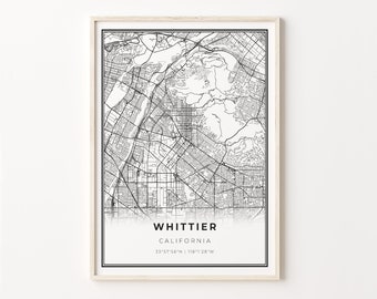 Whittier California Map Print: Modern Black and White Wall Art