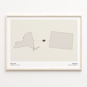 Coloradan Druck, New York to Colorado Druck, Minimalistische Verbindung Karte Poster, Reise Wandkunst, Studie im Ausland Karte, C21-1356