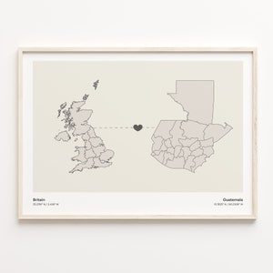 Impressão da Grã-Bretanha para a Guatemala, presente da Guatemala, pôster minimalista do mapa de conexão do país, arte do Reino Unido, presente ao vivo no exterior, C21-272