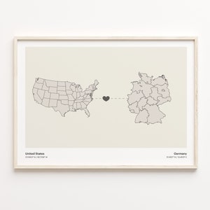 Impresión de Estados Unidos a Alemania, regalo alemán, cartel minimalista del mapa de conexión del país, arte mural de EE. UU., estudios en el extranjero, C21-67