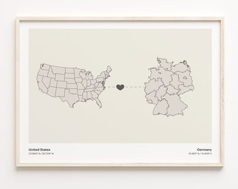 United States to Germany Print, German Gift, Minimalistic Country Connection Map Poster, USA Wall Art, Study Abroad, C21-67