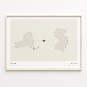 New York to New Jersey Print, New Jersey Geschenk, Minimalistische Verbindung Poster, Reise Wandkunst, Karte mit doppelter Bürgerschaft, C21-1382