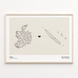 Impression d'Irlande vers la Nouvelle-Calédonie, cadeau néerlandais, affiche de carte minimaliste de connexion pays, art mural de voyage, carte d'amour d'outre-mer, C21-1125