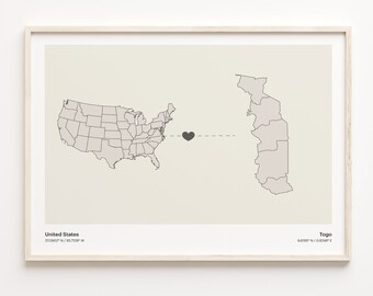USA Togo Connection Map Print, Minimalist Country Art, C21-181