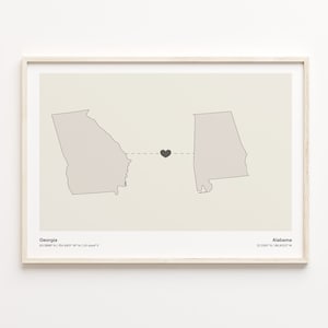 Georgia naar Alabama print, Alabamian gift, minimalistische State Connection kaart poster, reizen kunst aan de muur, live in het buitenland kaart, C21-1560