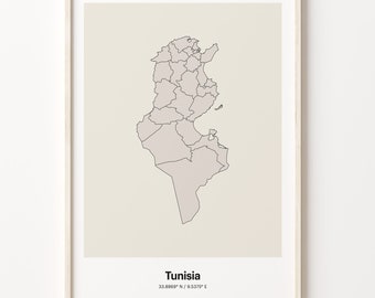 Tunisia Print, Tunisian Gift, Minimalistic Country Map Poster, TN Line Art, Minimal decor, C24-184
