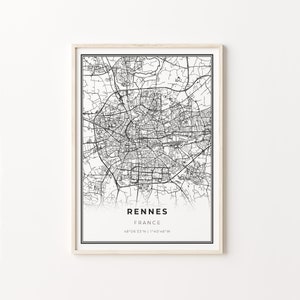 Rennes Print, City Map Art Poster, France, Wall Art Decor, Modern Black and White Style, Gift For A Woman, C13-478