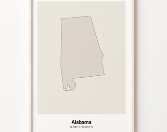 Alabama Map Print: Minimalist Line Art, Subdued Wall Decor