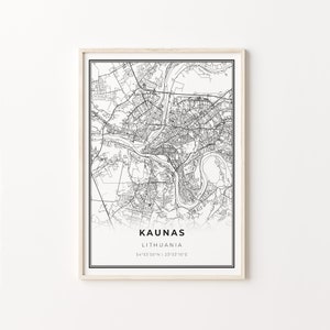 Impressão de Kaunas, pôster de arte de mapa da cidade, Lituânia, decoração de arte de parede, estilo moderno preto e branco, decoração de pôster de mapa, C13-898
