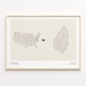 United States to Saint Lucia Print, Saint Lucian Gift, Minimalistic Country Connection Map Poster, USA Wall Art, Friendship, C21-154