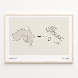 Australia to Italy Print, Israeli Gift, Minimalistic Country Connection Map Poster, Travel Wall Art, Continental Love, C21-884