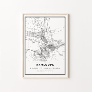 Impressão Kamloops, pôster de arte de mapa da cidade, British Columbia BC Canadá, decoração de arte de parede, estilo moderno em preto e branco, arte de sala de estar, C13-698