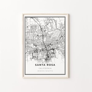 Santa Rosa Print, City Map Art Poster, California CA USA, Wall Art Decor, Modern Black and White Style, Dining Room Art, C13-90