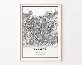 Jakarta City Map Art Print: Modern Black and White Scandinavian Style