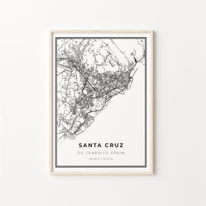 Impresión de Santa Cruz de Tenerife, cartel de arte del mapa de la ciudad, España, decoración de arte de la pared, estilo moderno en blanco y negro, impresión de la ciudad natal, C13-889