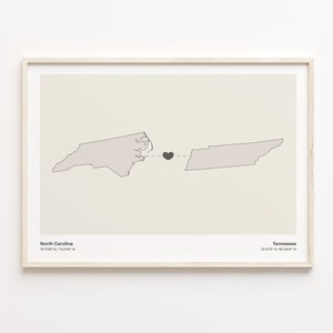 North Carolina to Tennessee Print, Tennessean Gift, Minimalistic State Connection Map Poster, Travel Wall Art, Goodbye, C21-1654