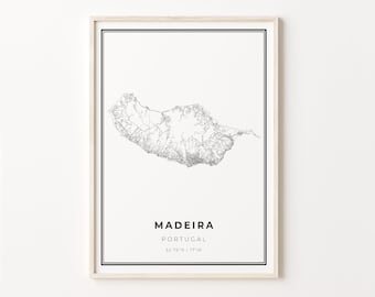 Madeira Map Print: Portugal City Art, Modern Black and White Decor